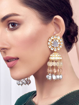 Joules By Radhika - Grey Gold Tone Kundan Polki Jhumka Bridal Earrings