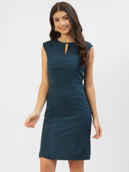 Taurus - Teal Solid Sleeveless Crepe Dress