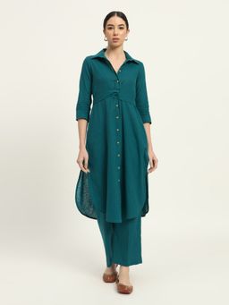 Thevasa - Deep Teal Bellissimo Belted Solid Kurta and Pant (Set of 2)