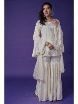 Zari Jaipur - White Kurta with Sharara and Dupatta (Set of 3)