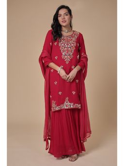 Zari Jaipur - Red Kurta with Sharara and Dupatta (Set of 3)