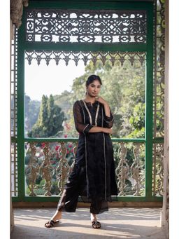 SALVIA SKY - Black Satin Organza Embellished Kurta with Palazzo (Set of 2)