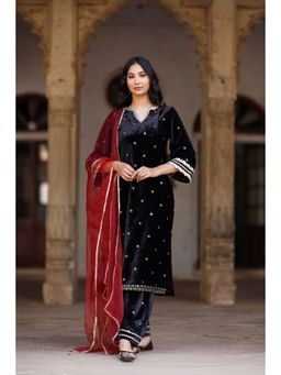 SALVIA SKY - Black Velvet Embellished Kurta with Palazzo and Dupatta (Set of 3)