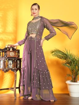 Chhabra 555 - Purple Georgette Embroidered Crop Top and Palazzo with Long Jacket (Set of 3)