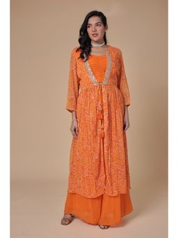 Zari Jaipur - Orange Kurta with Palazzo and Shrug (Set of 3)