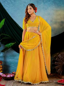 Kasya - Mustard Yellow Tissue Embroidered Blouse and Lehenga with Najneen Dupatta (Set of 3)