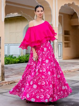 Kasya - Pink Off Shoulder Organza Top and Floral Printed Lehenga (Set of 2)