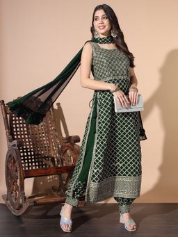 Chhabra 555 - Green Sequinned Kurta with Embroidered Afghan Harem Pants and Dupatta (Set of 3)
