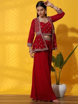 Chhabra 555 - Red Zari Embroidered Kurta with Jacket with Crop Top and Palazzo (Set of 4)