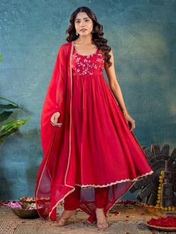 Kasya - Red Sleeveless Mirror Work Embroidered Anarkali Kurta and Pant with Dupatta (Set of 3)