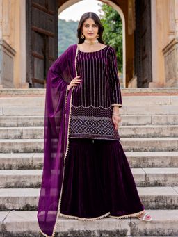 Kasya - Wine Velvet Embroidered Flared Kurta and Sharara with Najneen Dupatta (Set of 3)