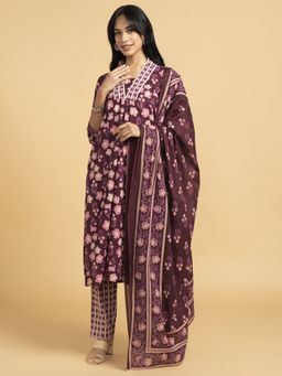 SAAKI - Purple Blooming Elegance All Over Floral Print Kurta with Pant with Dupatta (Set of 3)