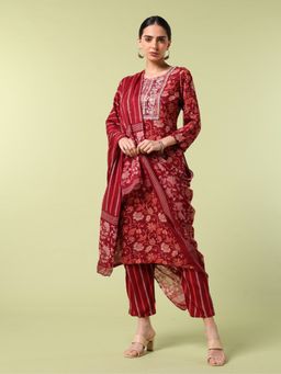 SAAKI - Red Vibrant Roots Floral Print Kurta and Pant with Dupatta (Set of 3)