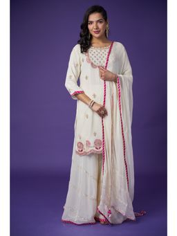 Zari Jaipur - White Kurta with Palazzo and Dupatta (Set of 3)