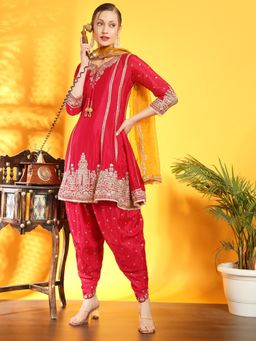 Chhabra 555 - Red Embroidered Kurta and Salwar with Organza Dupatta (Set of 3)