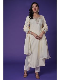 Zari Jaipur - Cream Kurta with Pant and Dupatta (Set of 3)