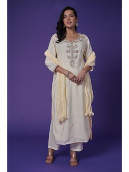 Zari Jaipur - Cream Kurta with Pant and Dupatta (Set of 3)