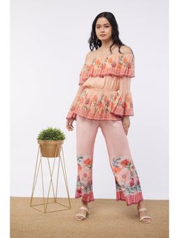 Soup by Sougat Paul - Peach & Pink Blooming Floral Off Shoulder Top with Flared Pant (Set of 2)