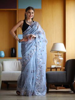 Odette - Lavender Organza Embroidery Saree with Unstitched Blouse