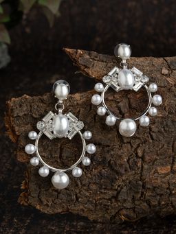 E2O - Contemporary Silver Plated Embellished Drop Earring White Stone
