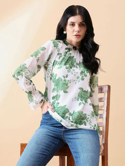 Powersutra - Women White and Green Floral Print Top
