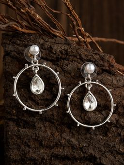 E2O - Contemporary Silver Plated Embellished Drop Earring White Stone