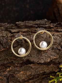 E2O - Self Design With White Peral Embellished In Round Shaped Gold Platted Stud Earring