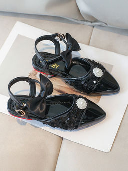 Hopscotch - Girls Black Bow Applique Mary Jane Sandals