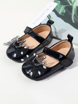 Hopscotch - Girls Black Bow Applique Mary Jane Ballerinas