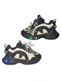 Hopscotch - Unisex Black and Cream Text Print Star Applique LED Sneakers