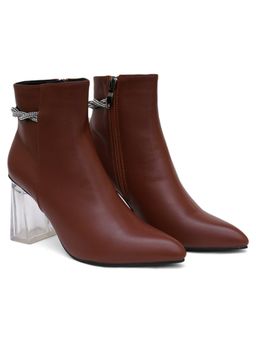 SHUZ TOUCH - Embellished Transparent Block Heel Boots - Brown