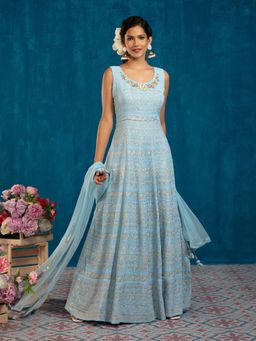 Gajra Gang - Tulip Blue Georgette Embroidered Maxi Gown & Dupatta GGSKD81 (Set of 2)