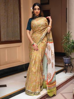 Mayurie - Bell Jaal Hand Block Printed Cotton Saree with Unstitched Blouse
