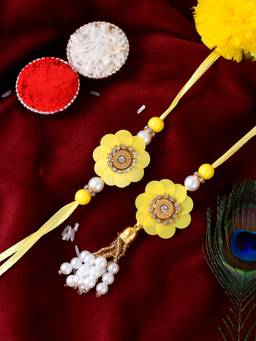 Shoshaa - Yellow and White Pearl Beaded Bhai Bhabhi Lumba Rakhi with Roli Chawal (Set of 3)