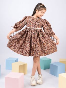 Vastramay - Cotton Woven Three Quarter Sleeves Kalamkari Print Dress - Maroon