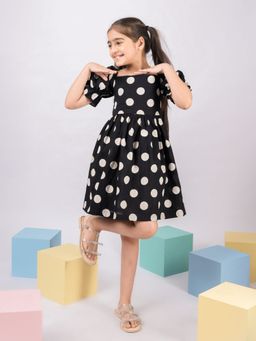 Vastramay - Cotton Woven Puffed Sleeves Polka Dot Printed Dress - Black