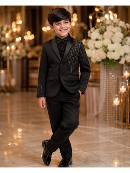 Toplove - Black Drizzle Blazer and Trouser with Shirt and Bow Tie