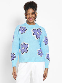 American Eagle - Women Blue Whoa So Soft Floral Crew Neck Sweater