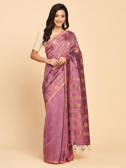 Fabindia - Pink Silk Woven Saree Without Blouse