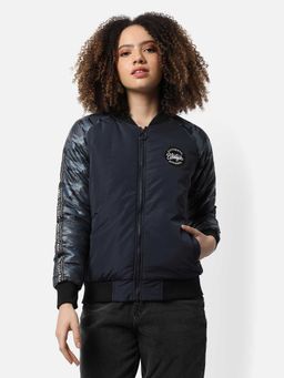 Campus Sutra - Black Camouflage Puffer Bomber Jacket