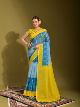 Odette - Blue Linen Designer Saree with Unstitched Blouse