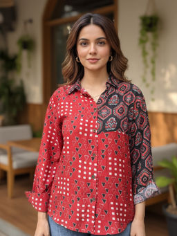 Ishnya - Aura-Red and Brown Printed Oversized Shirt
