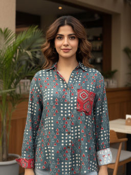 Ishnya - Aura-Blue Pocket Printed Oversized Shirt