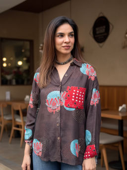 Ishnya - Aura-Brown Pocket Printed Oversized Shirt