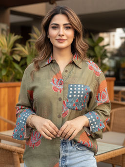 Ishnya - Aura-Olive Green Pocket Printed Oversized Shirt