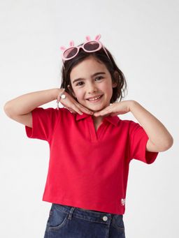 United Colors of Benetton - Red Cropped Johny Collar Solid T-Shirt