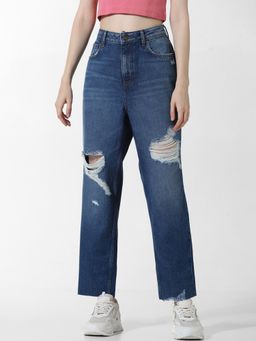 ONLY - Blue High Rise Distressed Straight Fit Jeans