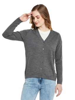 Monte Carlo - Womens Pure Wool Grey Solid V Neck Cardigan