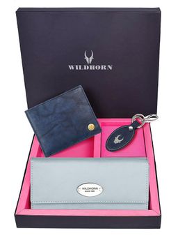 WILDHORN - Premium Leather Ladies Wallet, Mens Wallet and Keychain Gift -1K_EBL_2052BLV_K (Set of 3)