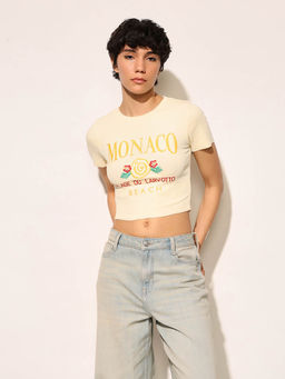 ONLY - Women's Regular Fit Yellow Crop T-Shirt